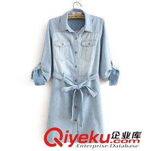 八月第四波 VJISHA歐美秋季新款牛仔裙修身腰帶款連衣裙長袖翻領顯瘦中裙E02原始圖片2