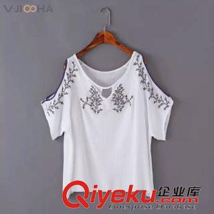 七月第四波 VJISHA歐洲站15夏新款女刺繡天鵝襯衫修身無袖翻領(lǐng)上衣代發(fā)G158