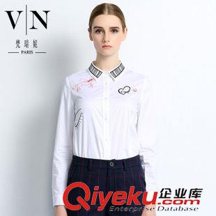 秋装新款第四波 欧美新品 卡通刺绣装饰白衬衣 翻领长袖全棉女式上衣VNA30996