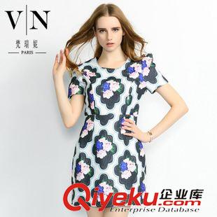 连衣裙 tj清仓 印花短袖中长款A字裙 时尚品牌欧美连衣裙VNA90272