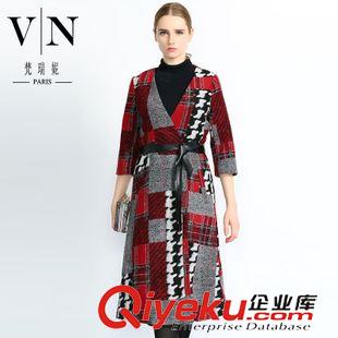 清倉tj 冬裝歐美范新品tj 五分袖格紋大衣 加長款dp毛呢外套VNA31217