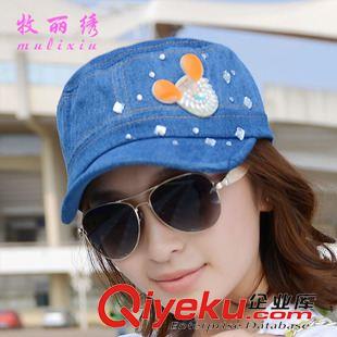春夏棒球帽、鴨舌帽 韓版春夏季新款燙鉆蕾絲牛仔平頂帽 女士牛仔鴨舌帽子批發