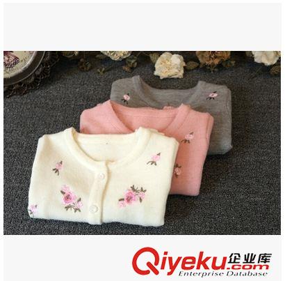 毛線衣 韓國女童 刺繡花朵女童圓領(lǐng)毛衣開衫上衣兒童秋款新品W620006