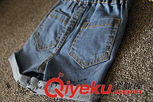 短褲 2015夏裝新品女童個性系帶小高腰牛仔卷邊短褲 兒童熱褲原始圖片3