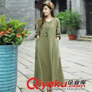 民族風(fēng)系列 實(shí)拍依朵拉大碼女裝2015秋冬新款棉麻長(zhǎng)袖大口袋中長(zhǎng)款連衣裙原始圖片3