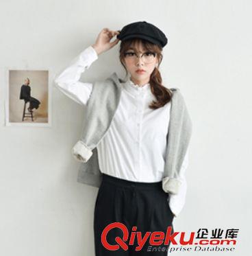 2015-7月上新 797#韓國代購秋冬新品寬松休閑百搭立領木耳花邊打底襯衣上衣原始圖片3
