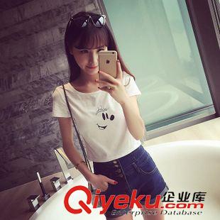 2015_6月上新 韓版夏季 百搭修身俏皮笑臉露肚臍短款圓領(lǐng)短袖T恤女裝原始圖片3