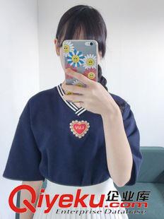 未分類 ulzzang韓國東大門代購學院風心型刺繡螺紋寬松BF短袖V領T恤132