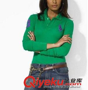 長袖POLO衫 廠家直供女裝外貿品牌新款刺繡純色PL衫 純棉女翻領長袖T恤