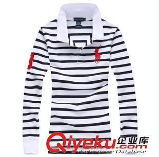 長袖POLO衫 廠家直供女裝外貿品牌新款刺繡大條紋PL衫 純棉女翻領長袖T恤