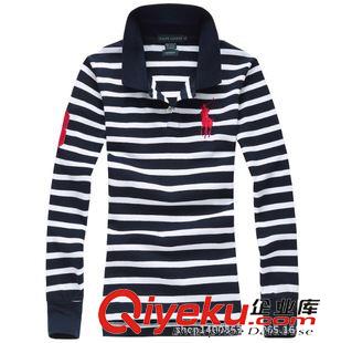 長袖POLO衫 免費代理 女裝外貿品牌新款刺繡條紋PL衫 純棉女翻領長袖T恤原始圖片3
