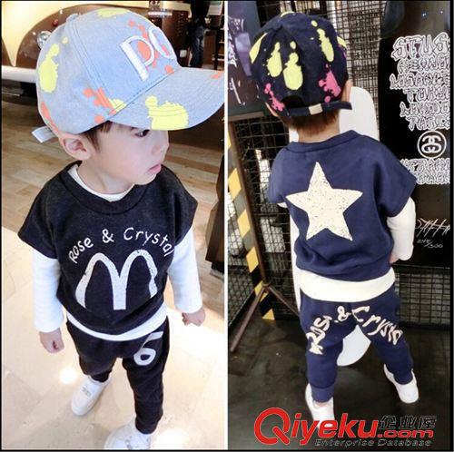 套裝類 麥芽兒2015秋裝寶寶衛(wèi)衣M字母男童上衣兒童運動三件套套裝原始圖片2