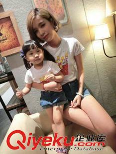 新款親子裝 韓國親子裝卡通薯條印花短袖T恤+牛仔褲短褲母女親子套裝原始圖片3
