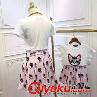 新款親子裝 韓版親子裝 時尚貓咪印花T恤+短裙套裝母女裝原始圖片2