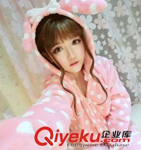 睡衣專區：【睡衣、睡袍、】 甜美家居服  卡通波點耳朵珊瑚絨蝴蝶結連帽可愛連體褲睡衣5350原始圖片2