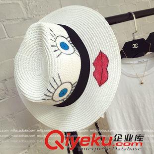 嗆口小辣椒同款 歐美dp英倫風白色眼睛嘴唇草編遮陽草帽禮帽子防曬春夏天女士潮原始圖片3
