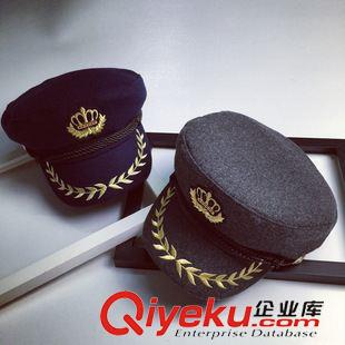 軍帽/平頂帽 韓版hg徽章麥穗刺繡毛呢平頂帽海軍帽男女士鴨舌八角帽貝雷帽原始圖片2
