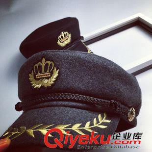 軍帽/平頂帽 韓版hg徽章麥穗刺繡毛呢平頂帽海軍帽男女士鴨舌八角帽貝雷帽原始圖片3