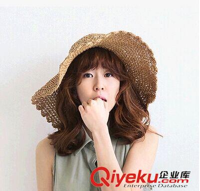 大沿帽/遮陽帽 韓國(guó)春夏款時(shí)尚簡(jiǎn)約拉菲草波浪帽檐草帽遮陽沙灘帽大沿帽原始圖片3