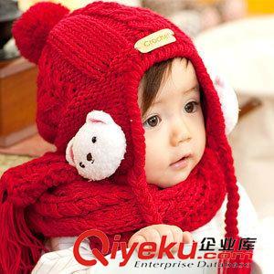 兒童時尚圍巾/圍脖 韓國秋冬小熊護耳男女寶寶帽子毛線針織嬰兒童帽子圍巾兩件套tj原始圖片2