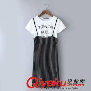 休閑套裝 $F 歐美風  字母條紋套裝裙背帶連衣裙+短袖批發(fā) X9829