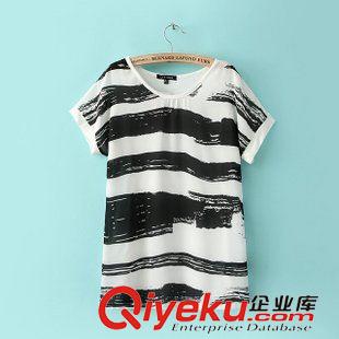 下架區(qū) 2014歐洲站 夏季新款手繪撞色條紋裙寬松t恤女批發(fā) 3791原始圖片3