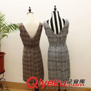 8.30秋裝新款 2015秋裝韓國東大門代購女裝復古V領格子收腰呢料無袖背心連衣裙原始圖片2