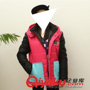 棉衣 2015冬裝新款韓版時(shí)尚女裝撞色拼接連帽夾棉中長款修身棉衣外套女原始圖片2