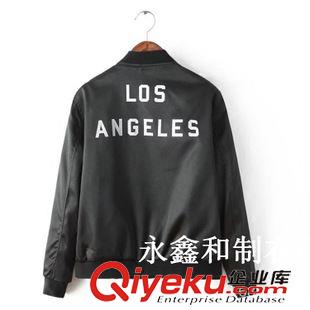 女式風衣 2015秋裝新款 歐美風時尚修身款黑緞面后背印字母飛行夾克外套女原始圖片2