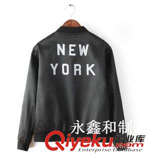 女式風衣 2015秋裝新款 歐美風時尚修身款黑緞面后背印字母飛行夾克外套女原始圖片3