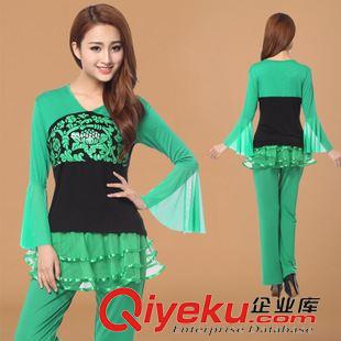 長(zhǎng)袖舞蹈套裝 苑人王 楊藝格格廣場(chǎng)舞蹈服 網(wǎng)紗喇叭袖上衣 大擺裙褲 一件代發(fā)原始圖片2