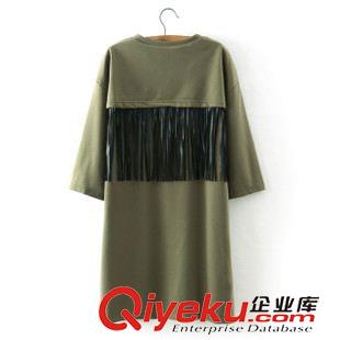 9月28號 周一上新 YF2015秋季新品女九分袖中長款T恤純棉連衣裙寬松打孔拼皮流蘇裙原始圖片2