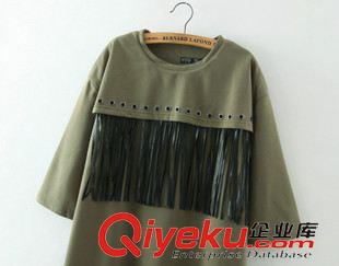 9月28號 周一上新 YF2015秋季新品女九分袖中長款T恤純棉連衣裙寬松打孔拼皮流蘇裙原始圖片3