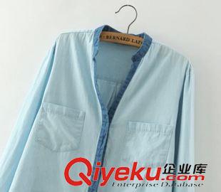 9月1號 周二上新 LJ 2015秋季新款歐美風撞色長袖水洗全棉牛仔襯衫V領(lǐng)牛仔上衣襯衣原始圖片2