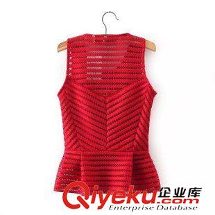 背心 吊帶 2015夏季新款韓版時(shí)尚女裝鏤空條紋修身無袖荷葉邊T恤套頭上衣女原始圖片2