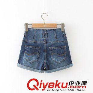 牛仔褲 2015歐美春夏款多排扣高腰短褲韓版復(fù)古修身四粒扣卷邊牛仔熱褲子