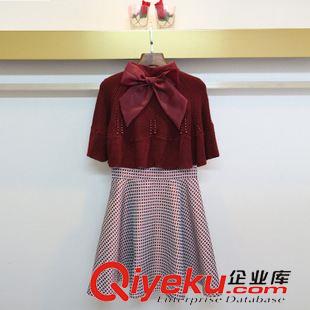 2015秋冬新品 2015秋裝新款歐美蝴蝶結(jié)無袖針織拼接斗篷兩件套連衣裙H7502302