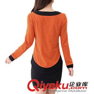 2015-10-13 秋韓版大碼女裝修身女士上衣圓領拼接長袖女T恤打底衫2015