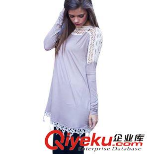 2015-10-13 歐美新款秋裝蕾絲拼接修身顯瘦大碼女裝長袖圓領(lǐng)T恤打底衫