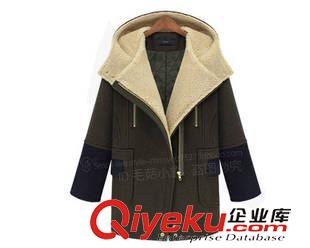 10月17號 歐美毛呢外套2015秋冬新款拼貼連帽拉鏈保暖羊毛大衣
