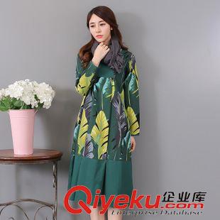 10月8號 2015秋季韓版棉麻大碼女裝拼接印花長袖連衣裙原始圖片3