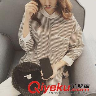 8月21日 2015女裝秋季新品韓范9分袖上衣立領(lǐng)雙口袋條紋襯衣原始圖片2