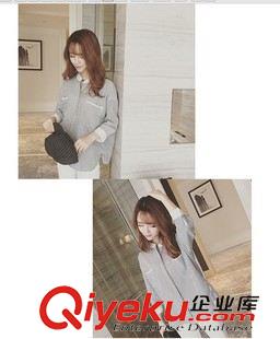 8月21日 2015女裝秋季新品韓范9分袖上衣立領(lǐng)雙口袋條紋襯衣原始圖片3