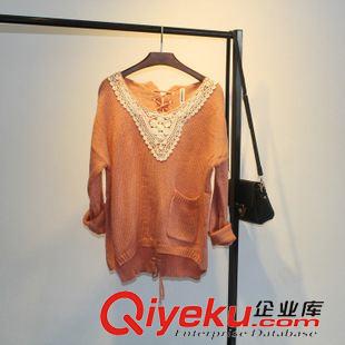 8月8日 2015秋冬韓國新款毛衣女 蕾絲花邊V領(lǐng)背后綁帶蝙蝠型套頭寬松毛衣