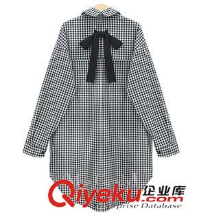 雪紡衫/襯衣 2015秋裝新款歐美大碼女裝 胖MM格子蝴蝶結(jié)寬松襯衫裙