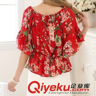 雪紡衫/襯衣 [實拍]2015夏季新品甜美梅花印花一字領露肩喇叭袖雪紡衫
