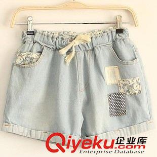 短褲 2015夏季新款日系森女系女裝松緊腰翻邊格子貼布牛仔短褲打底褲原始圖片2