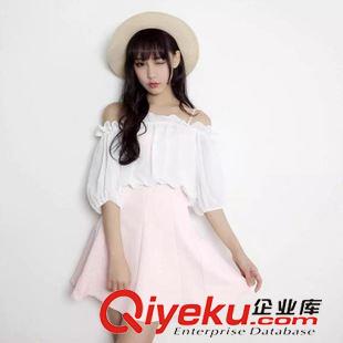 5.19 新款 一件代發 2158韓國代購韓版甜美雪紡拼接假兩件一字肩吊帶連衣裙原始圖片2