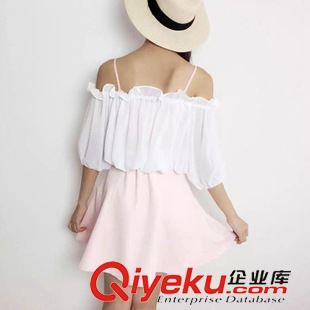 5.19 新款 一件代發 2158韓國代購韓版甜美雪紡拼接假兩件一字肩吊帶連衣裙原始圖片3