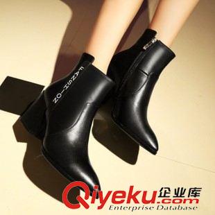 粗跟靴子 2015年秋冬季新款尖頭中跟粗跟拼色全皮馬丁靴歐美大牌高檔原始圖片2